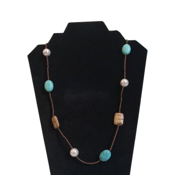 Lia Sophia Capri Jasper and Turquoise Faux Pearl Assorted Seed Beaded Necklace - Picture 1 of 8